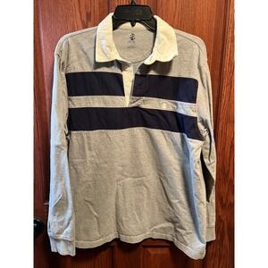 IZOD Mens Long Sleeve Rugby Shirt Gray Navy Stripe Collar Size L